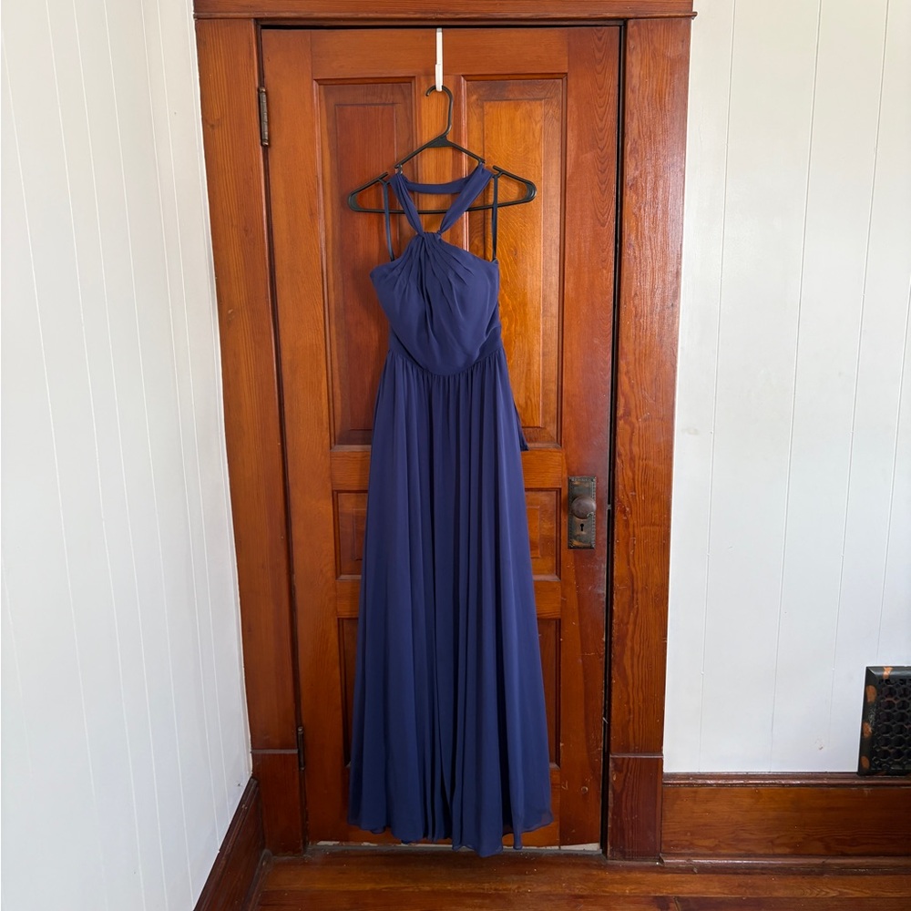 Navy Cross-Strap Chiffon Prom Gown